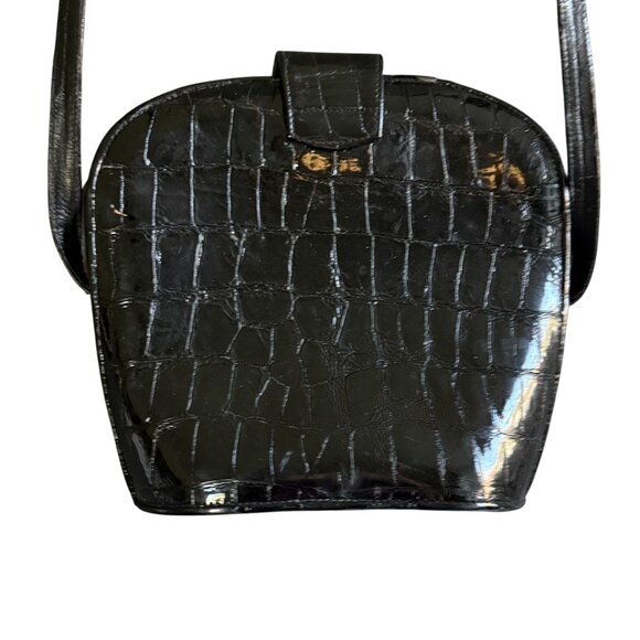 Stuart Weitzman Faux Leather Croco Embossed Patent Shoulder Bag Women's Black - Picture 9 of 11